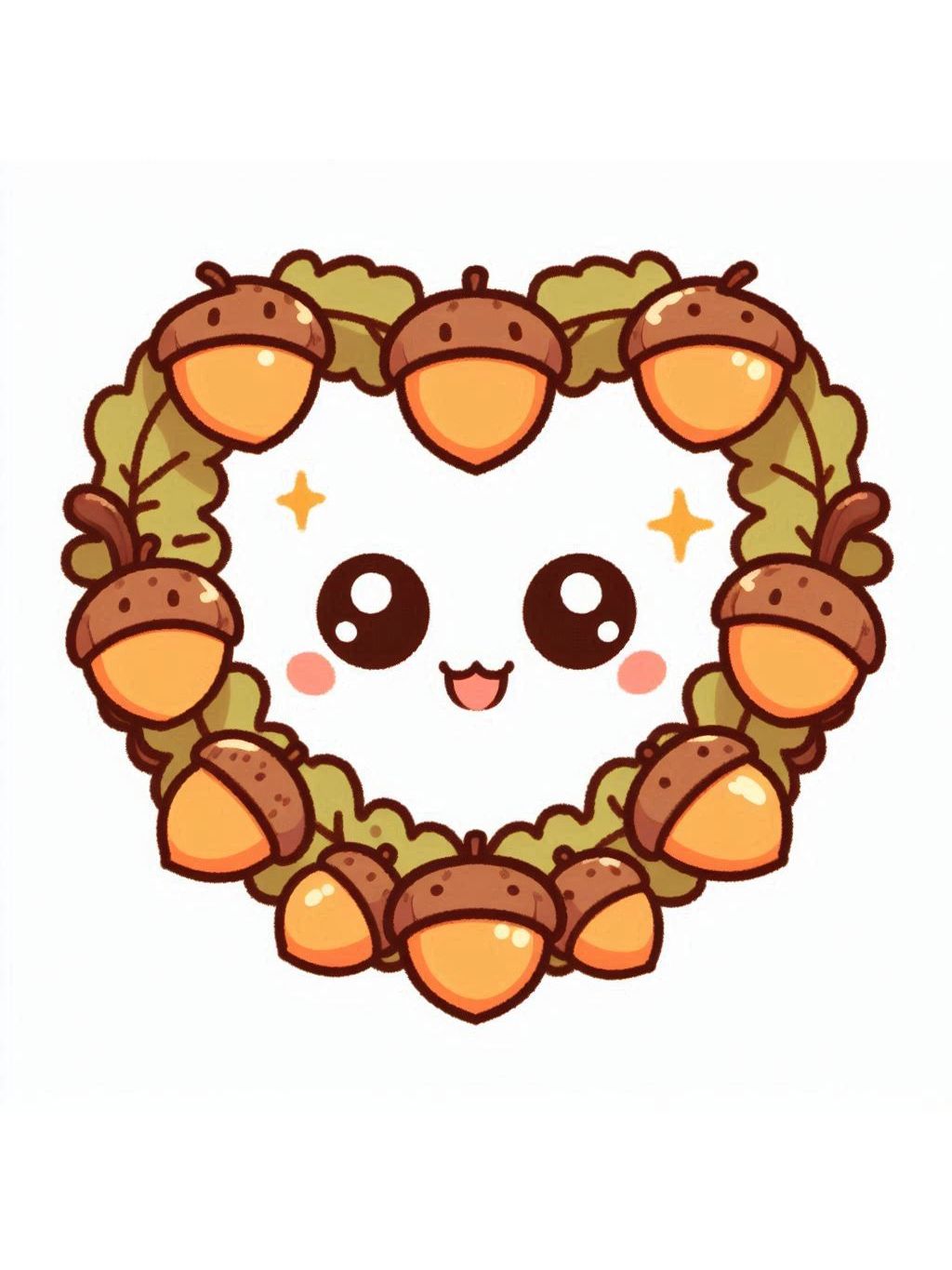 Thanksgiving love drawing ideas featuring a heart-shaped wreath made of smiling acorns, creating a joyful and festive atmosphere.